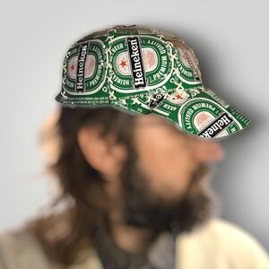 Heineken Beer Can Trucker Hat Upcycled Green Lined Adjustable Strap Baseball Cap